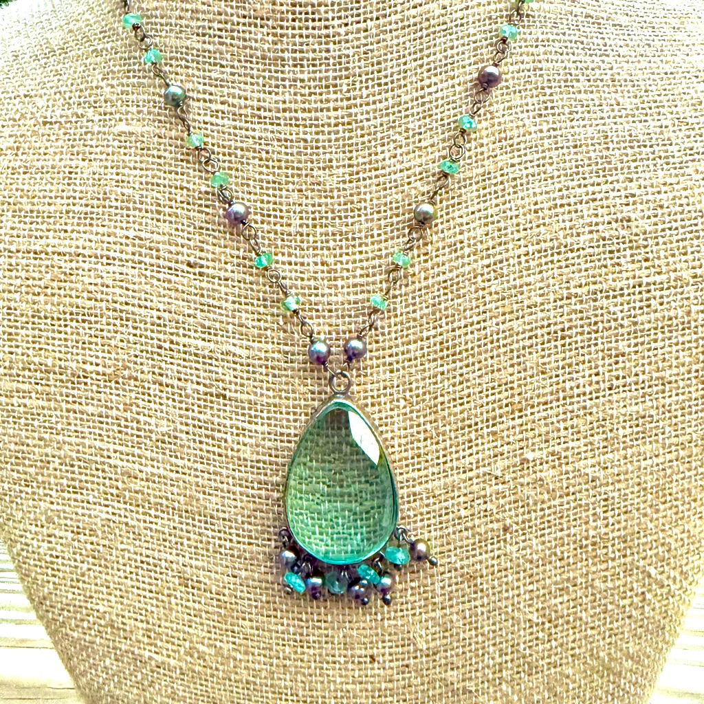 Lucas Lameth Sterling Aqua Glass & Freshwater Pearl Teardrop Pendant Necklace